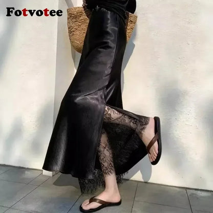FOTVOTEE Elegant Satin Fish Tail Half Skirt High Waist Lace Splice Side Slit Draping Long Women's Skirt Slimming Party Midi Skin
