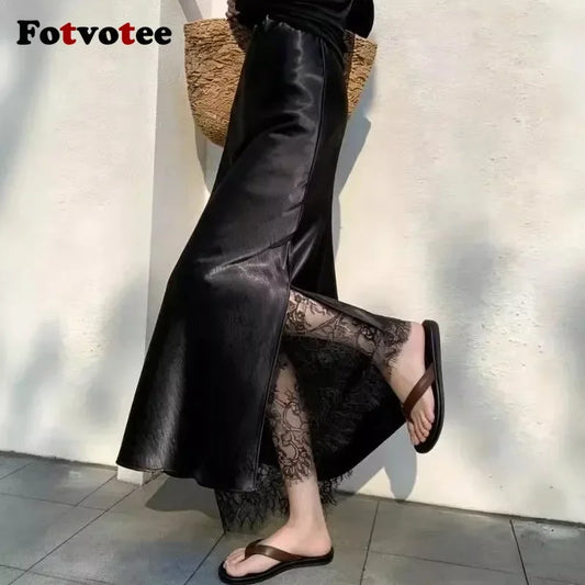 FOTVOTEE Elegant Satin Fish Tail Half Skirt High Waist Lace Splice Side Slit Draping Long Women's Skirt Slimming Party Midi Skin