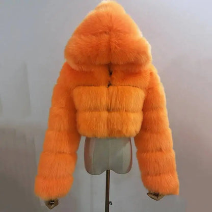 S-6XL Women Coat Autumn Winter Short Hooded Faux Fox Fur Coat Thick Warm Outerwear Fake Fur Woman Jackets Ladies Furry Coats