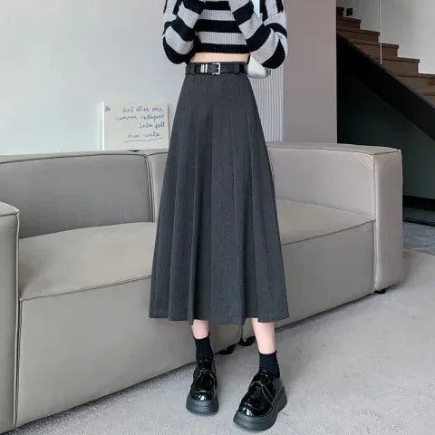 1pcs Women Skirts Vintage High Waist Elastic Pleated Skirt Black Design Chic Long A-line Skirt Spring Summer Fashion Clothes
