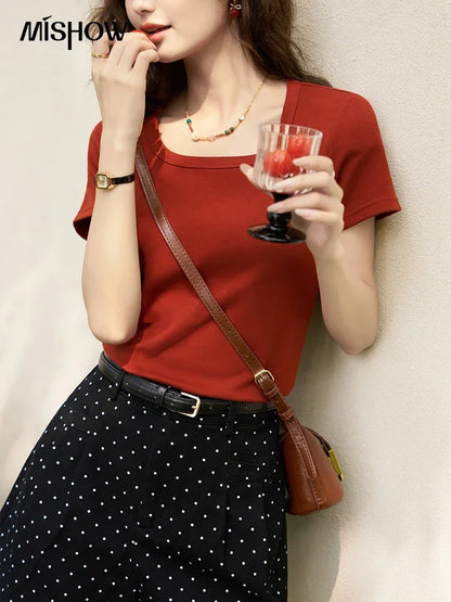 MISHOW Short Sleeve T-shirts Women Spring Solid Square-neck Top Elegant Woman Clothes Office Lady Cotton Tees MXC12T0641