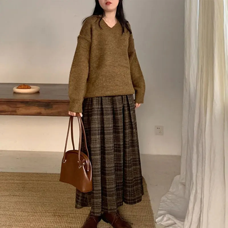 Women's Plaid Pleated Long Skirt