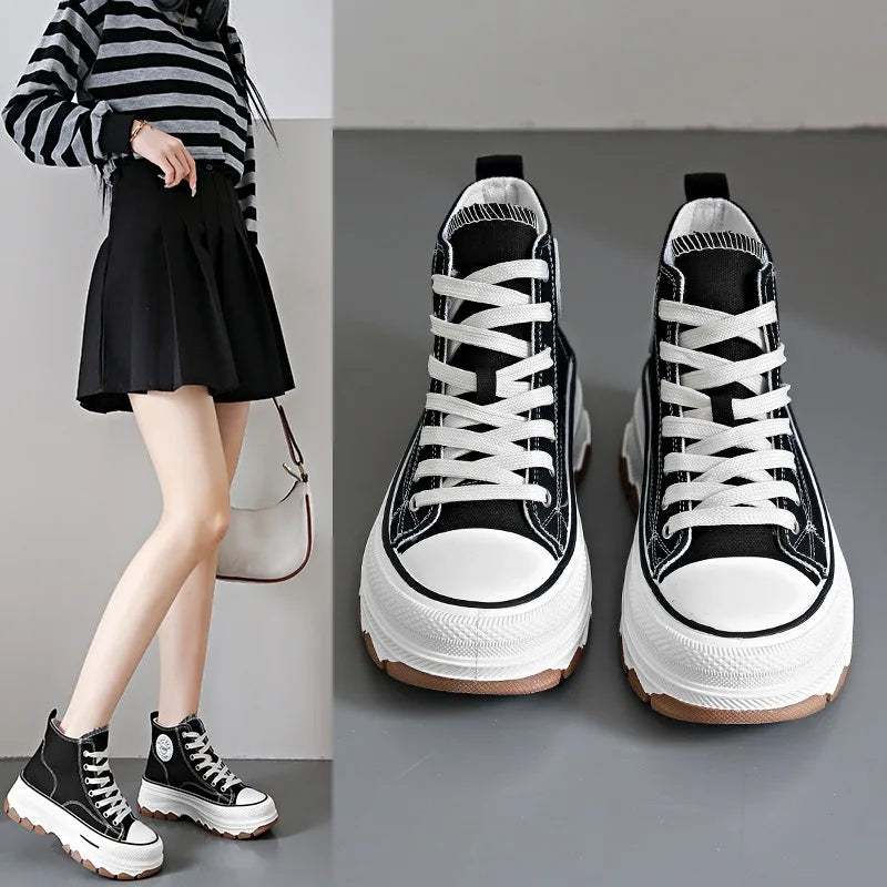 2024 New Women High Top Sneakers Lace-Up Casual Plarform Height Canvas Non-slip Wear Resistant Spring Female Vulcanize Shoes
