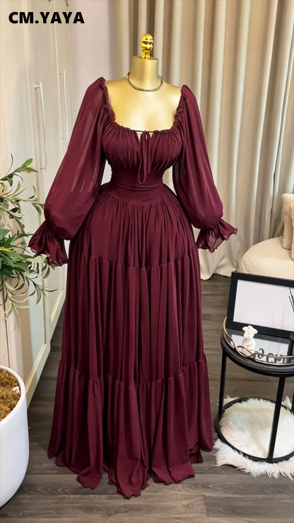 CM.YAYA 2026 Fall Winter Women Long Sleeve Halter Big Swing Long Maxi Dress Evening Birthday Trendy Sexy Vacation Party Dresses