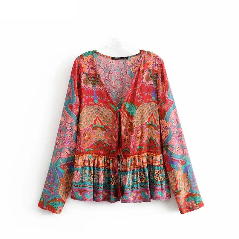 Happie Queens Women Birds Floral Printed Long Sleeve Bohemian Blouse Shirts Ladies Rayon V-neck Tops Cover-ups