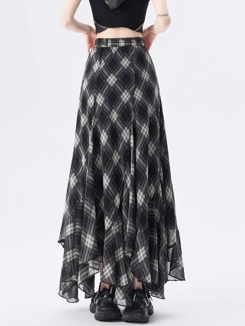 New Arrival Asymmetrical Plaid Chiffon Long Skirt For Women Summer Casual Loose Big Swing Beach Midi Skirts Lady