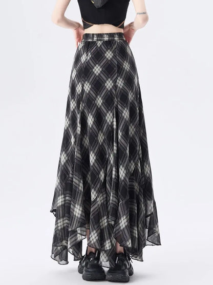 New Arrival Asymmetrical Plaid Chiffon Long Skirt For Women Summer Casual Loose Big Swing Beach Midi Skirts Lady