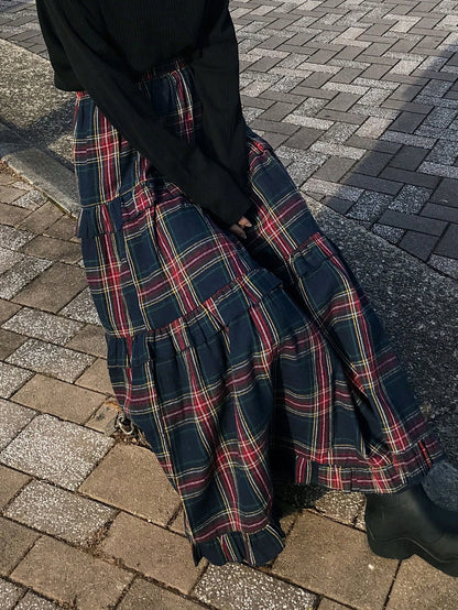 Women's Plaid Maxi Skirt, Ruched & Ruffled Design, Elastic Waist Casual Elegant Long Skirt