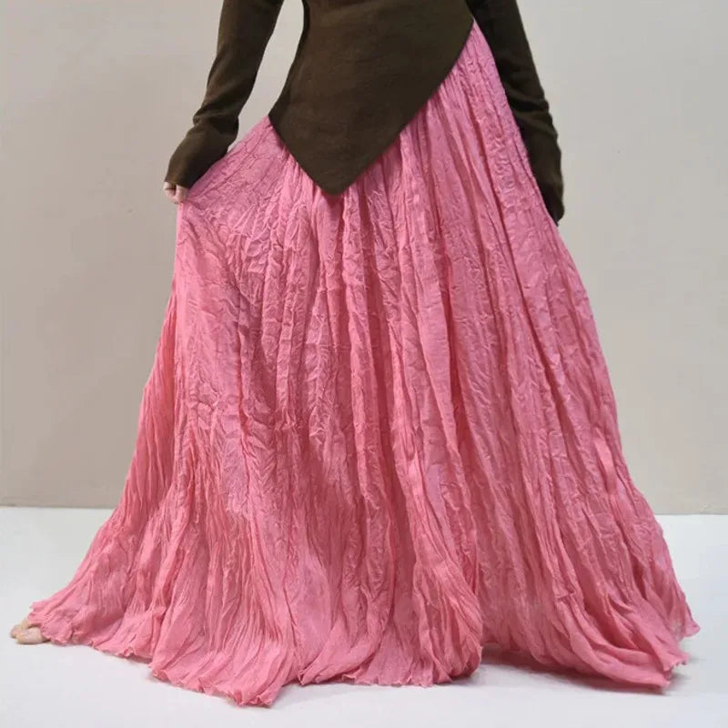 Pleated Long Skirts Women 2026 Spring Summer Fashion Loose Casual Elegant Maxi Skirt