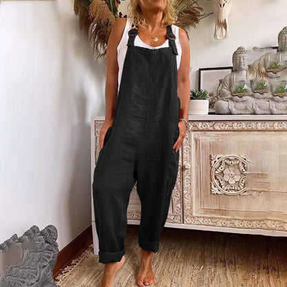 Women Cotton Linen Pocket Jumpsuits Summer Female Sleeveless Wide Leg Loose Overalls JYFS-3255