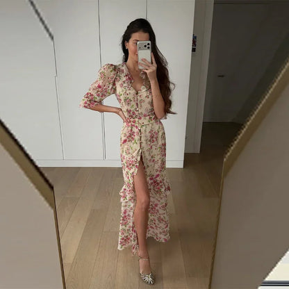 Organza Floral Printed Maxi Dress Women V Neck High Split Puff Sleeve Waist Cinching Ruffle Long Dresses Vacation Summer Outfits