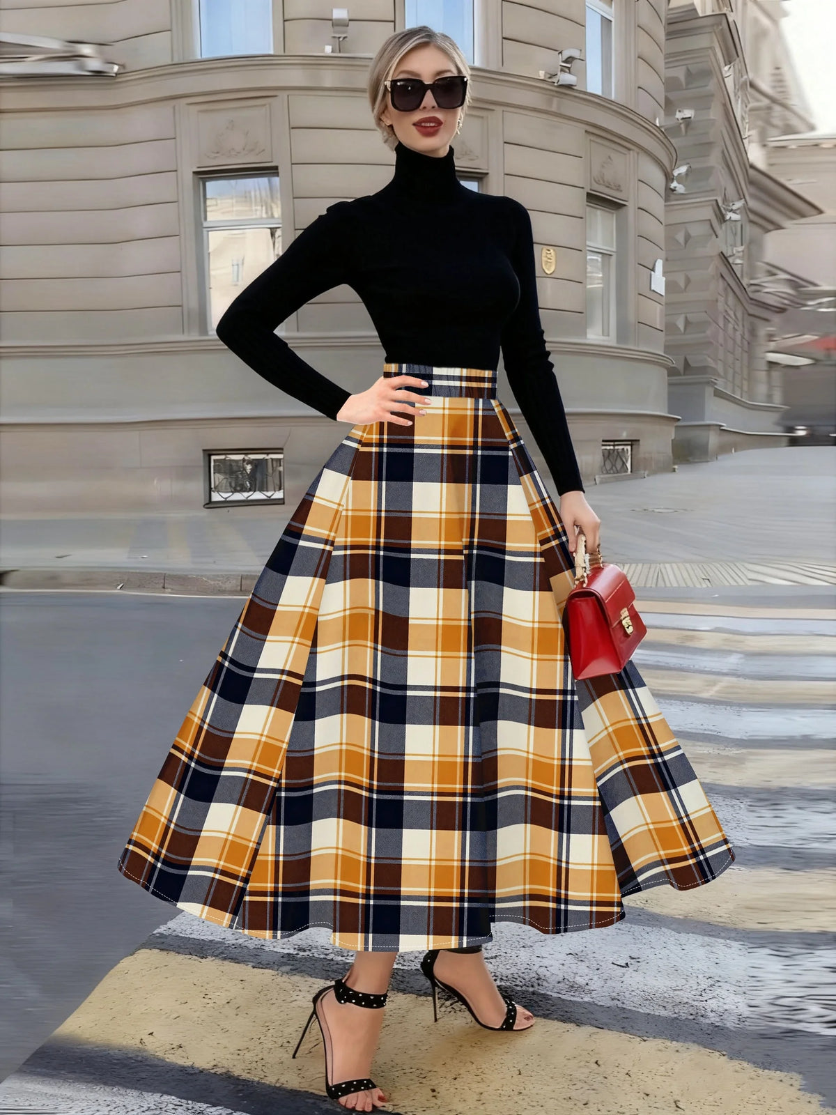 Printed Design Four season checkered pattern orange and black vacation style half skirt
