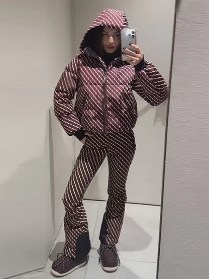 Fashion Patchwork Women's Ski Suit Warm Hooded Zipper Belt Full Sleeve Slim Jumpsuit Lady New Winter Casual Ski Clothing 2026