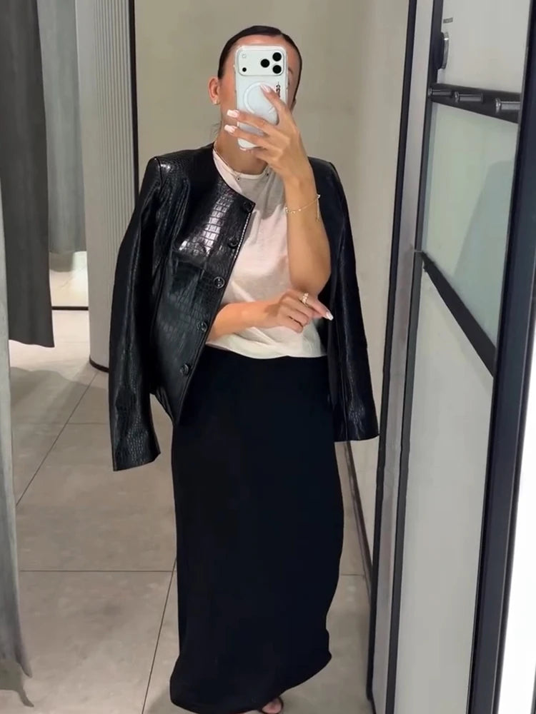 Croc Embossed Faux Leather Jacket Round Neck Button Front Long Sleeve 2026 Autumn Women Chic Date Outfit Street Trendy Outerwear