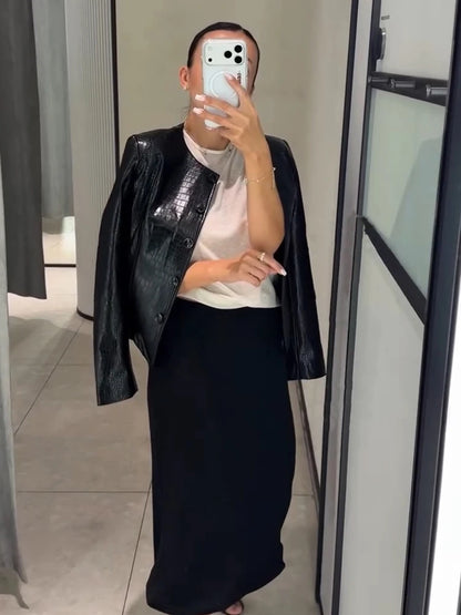 Croc Embossed Faux Leather Jacket Round Neck Button Front Long Sleeve 2026 Autumn Women Chic Date Outfit Street Trendy Outerwear