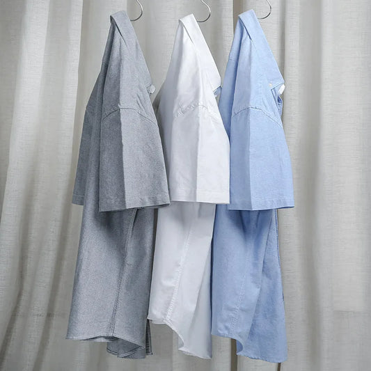 100% Cotton Men's Oxford Shirt Summer Short Sleeve Stylish Loose Stripe Solid Color Fit Dress Formal White Shirt Plus Size 5XL ﻿