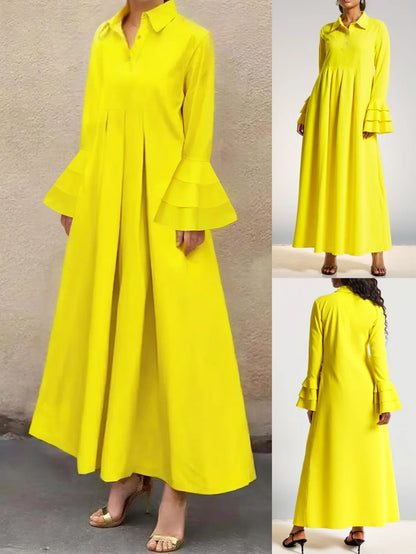 Elegant Women's Autumn Dress Turn Down Collar Solid Flare Sleeve Loose Casual High Street Pleated A-line  Long Dresses 2025