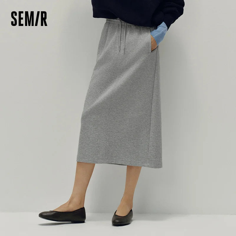 Semir Women Skirt Knit Long Straight Elastic Waist Sport Style Retro Casual Bottoms Autumn Midi Skirt Daily Wear 2026