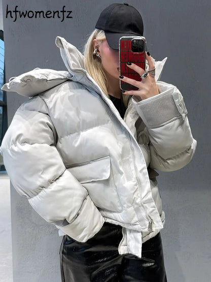 Casual Women's Puffy Hooded Cotton Coat Loose Long Sleeve Pockets Zipper Padded Coats 2026 Winter Lady Drawstring Warm Jackets