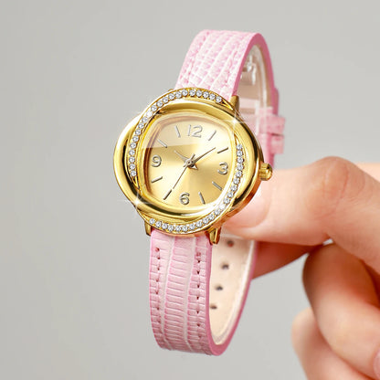 Elegant Rhinestone Golden Dial Women Quartz Watch Leather Strap Ladies Dress Wristwatches Clock Relogio Feminino (Without Box)