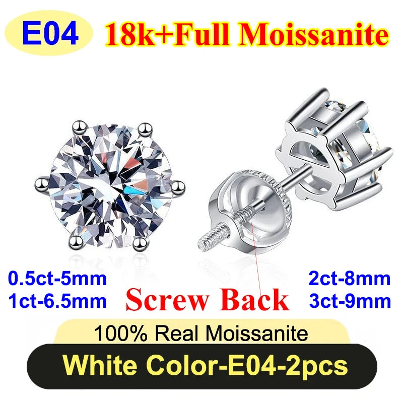 PureNew 0.5-3ct Classic Full Moissanite Earrings For Women S925 Silver Plated 18k Gold D Color VVS1 Women's Moissanite Earrings