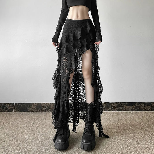 BKLD 2026 Autumn New Women Clothing Black Skirts Sexy High Waist Lace Ruffles Patchwork Irregular Y2k Skirts Party Clubwear