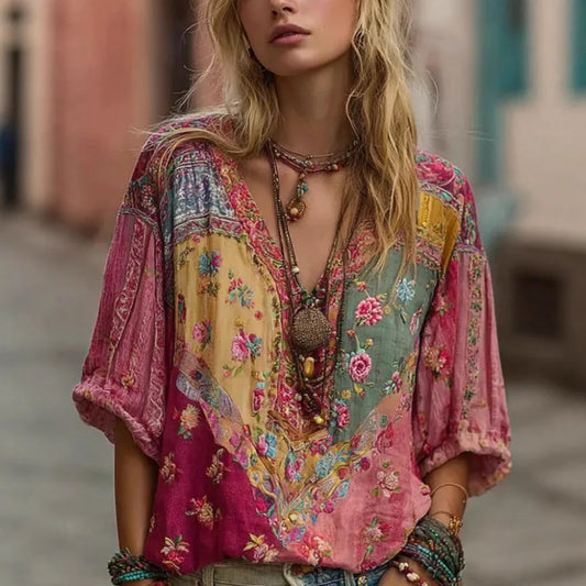 Spring And Summer Vacation Style Loose Print Bohemian V-neck Top Shirt 2026 Fashion New Spring And Summer