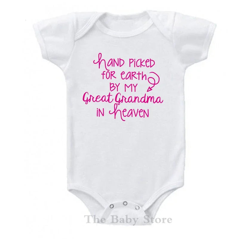 Hand Picked For Earth By My Great Grandma In Heaven Baby Summer Bodysuits Cotton Newborn Jumpsuit Short Sleeve Body Baby Outfits