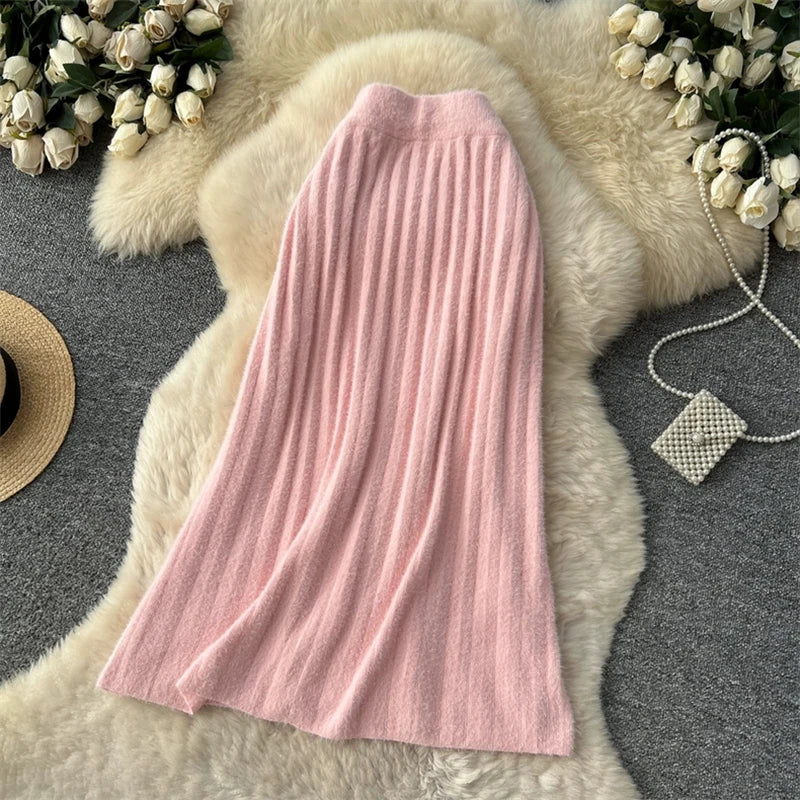 KARWomen Faux Mink Knit Pleated Midi Skirt High Waist Warm Fluffy A-Line Long Skirt Elegant Autumn Winter Solid Color Skirts 690