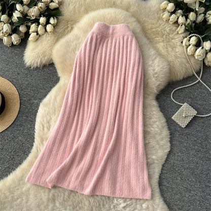 KARWomen Faux Mink Knit Pleated Midi Skirt High Waist Warm Fluffy A-Line Long Skirt Elegant Autumn Winter Solid Color Skirts 690
