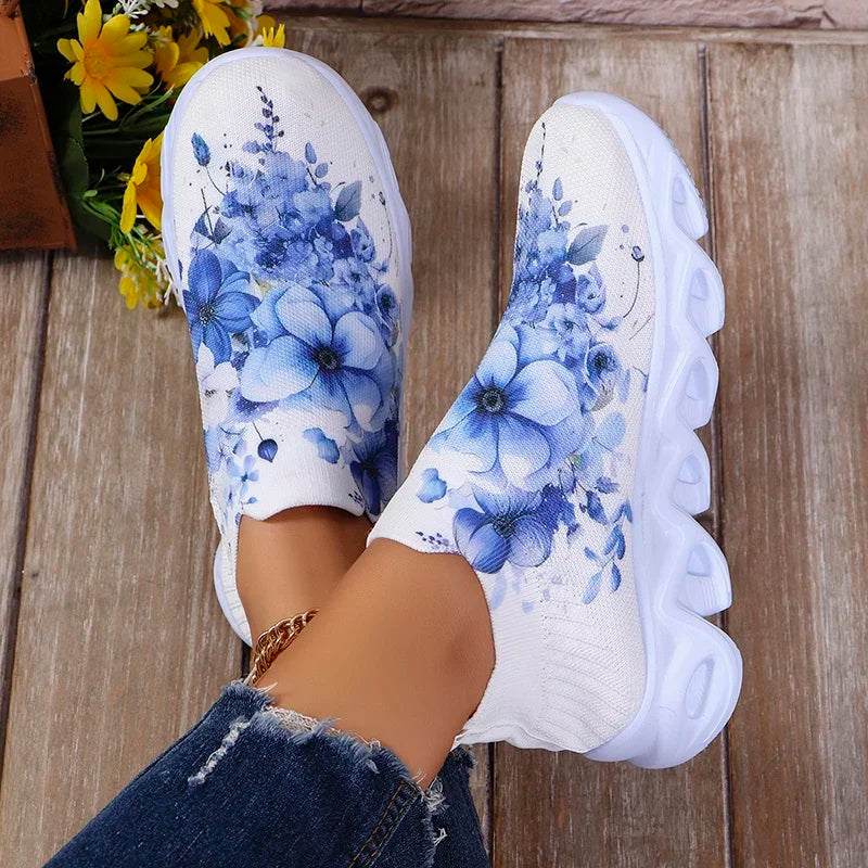 Fashion Printed Women's Running Sneakers Plus Size Knitted Breathable Mesh Casual Shoes Woman Comfortable Non Slip Walking Flats