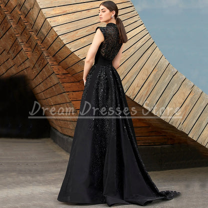 Charming Black High Neck Sequin Applique Evening Dress Cap Sleeve A-Line Jersey Women Party Gowns Illusion Back Sweep Train