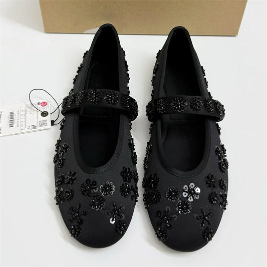 Spring Autumn Women's Fashion Crystal Flower Flats Heels Sandals Elegant Comfortable Round Toe Casual Daily Dress Shoes