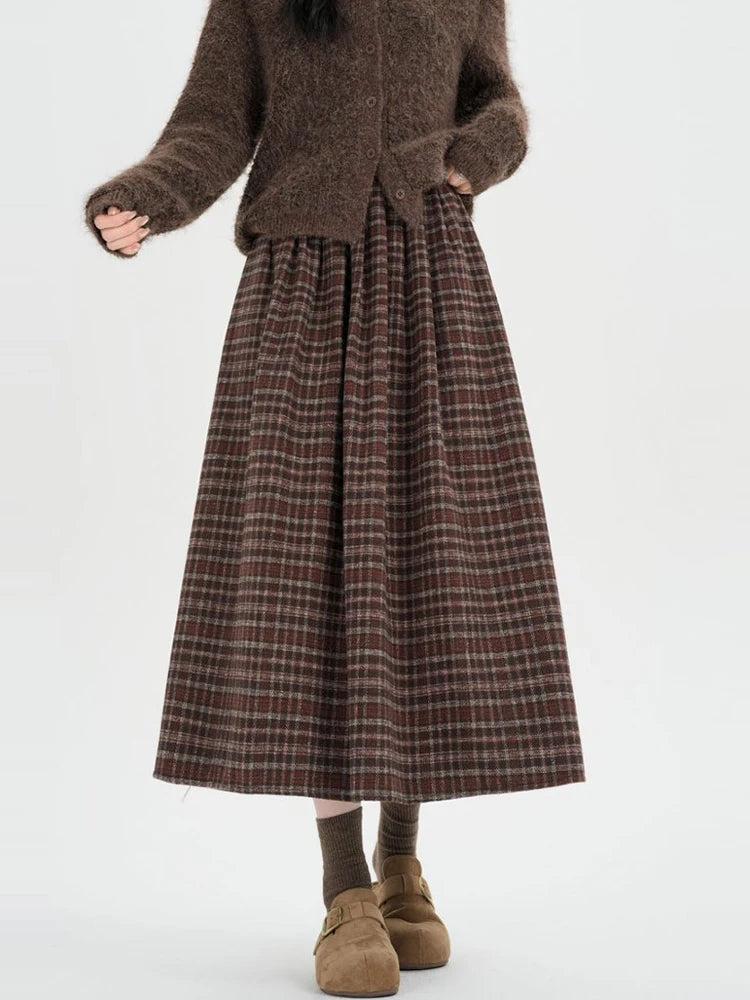 American Style Thickened Wool Vintage Plaid Midi Skirt Woman Elastic Waist Winter Casual A-Line Long Skirts Lady