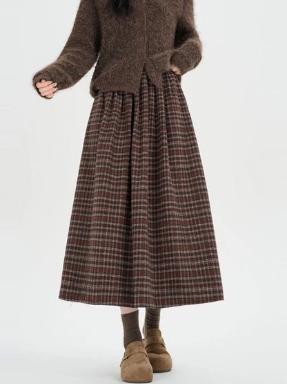American Style Thickened Wool Vintage Plaid Midi Skirt Woman Elastic Waist Winter Casual A-Line Long Skirts Lady