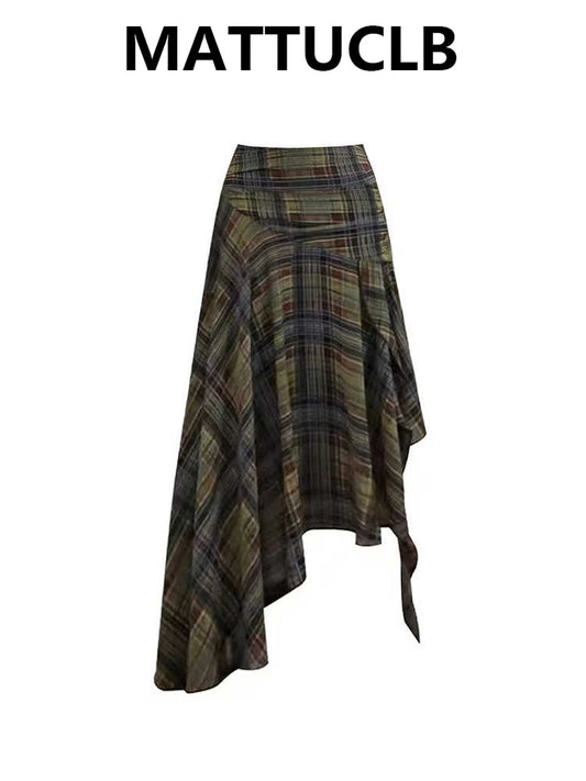 Women's Midi Skirt Kpop Plaid Irregular Skirt 2000s Aesthetic Party Goblin Core Design Preppy Style Korean Vintage Tide Harajuku