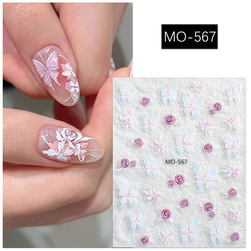 5D Embossed Nail Art Decals Elegant Petals Florals Daisy Flowers Leaves Adhesive Sliders Stickers For Manicure Tips Decoration