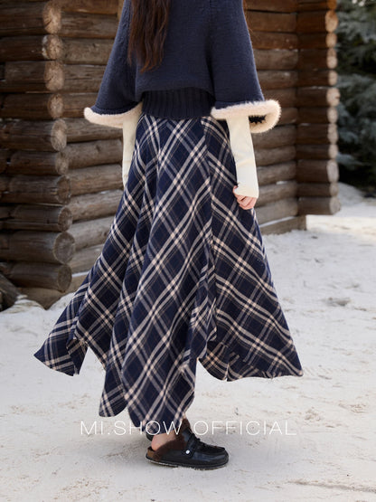 MISHOW Irregular Brushed Plaid Skirt for Women 2025 Winter Retro Blue Plaid Skirt Frayed Edge Midi A-line Skirts MXE86B2450