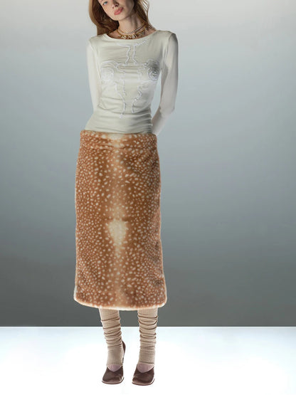 LIMO 2026 New Women Deer Print Faux Fur Skirt High Waist Straight Plush Midi Skirt
