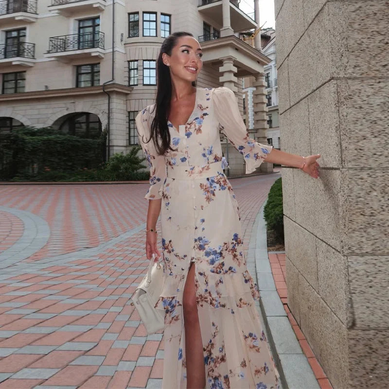 Organza Floral Printed Maxi Dress Women V Neck High Split Puff Sleeve Waist Cinching Ruffle Long Dresses Vacation Summer Outfits