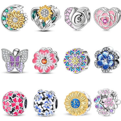 Spring Day 925 Sterling Silver Sunflower Azalea Peony Butterfly Flower Charms Beads Fit 3mm Bracelets DIY Fine Jewelry Making
