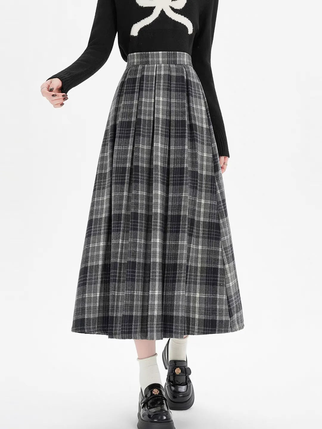2026 Fall Winter Women‘s Plaid Pleated Midi Skirts High Waist A-Line Flared Swing Skirt Casual College Style
