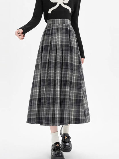 2026 Fall Winter Women‘s Plaid Pleated Midi Skirts High Waist A-Line Flared Swing Skirt Casual College Style