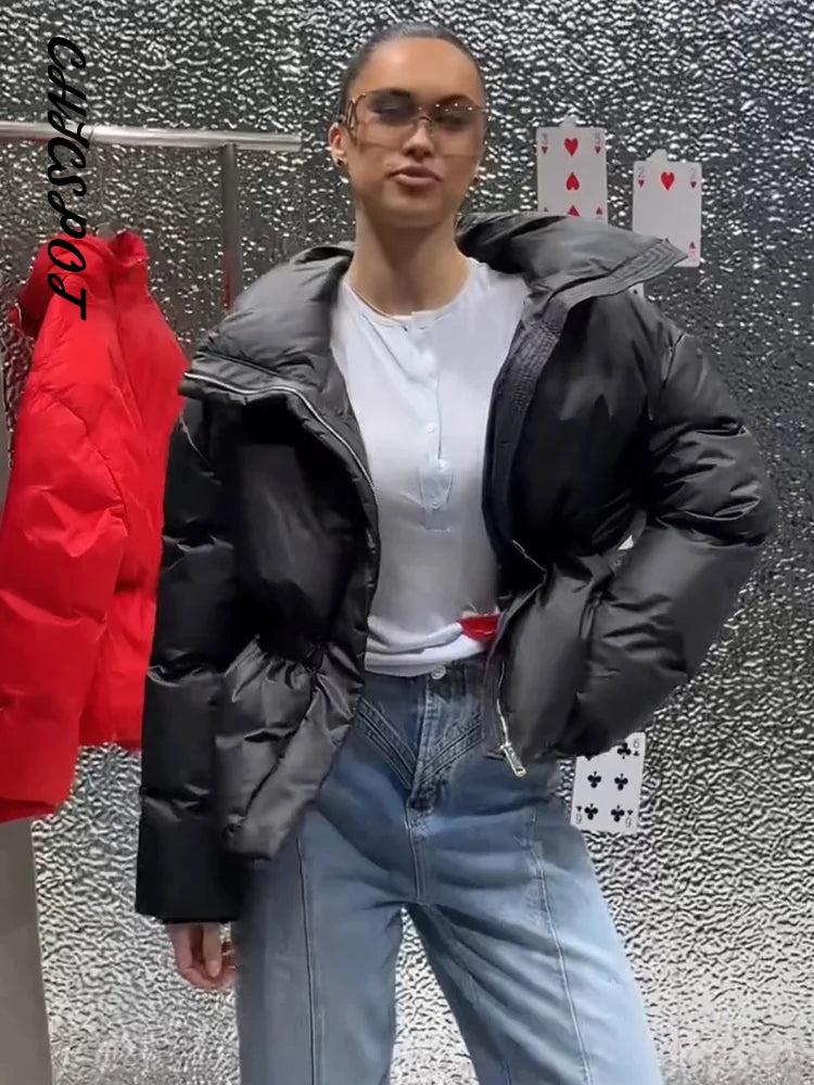Women's Padded Jackets Hooded Stand Collar Zipper Cropped Coats Winter Female Lantern Sleeves Solid Loose Jacket New Outerwears