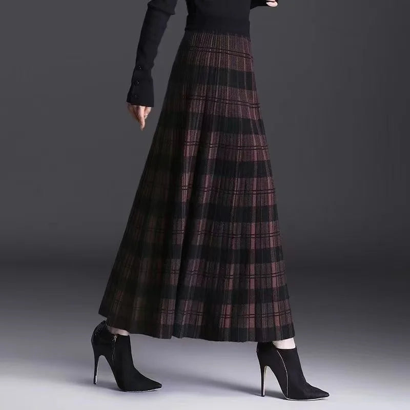 Women Checkered Knitted Skirt Autumn Winter Elastic High Waist A-line Long Skirt Female Thicken Plaid Knitted Sweater Skirts
