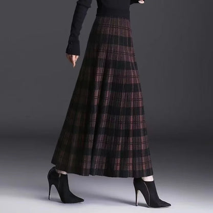 Women Checkered Knitted Skirt Autumn Winter Elastic High Waist A-line Long Skirt Female Thicken Plaid Knitted Sweater Skirts