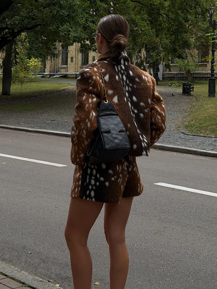 Retro Faux Fur Deer Spotted Skirt Set Lady Lapel Zip High Waist Animal Print Warm Cropped Jacket Set Fall Winter Matching Outfit