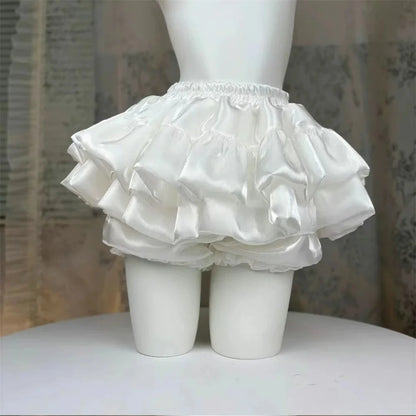 Sweet Satin Casual Elastic Waist New Short Skirt Women Summer Chic White Ruffle Cake Skirts Female Fashion Pretty Princess Skirt