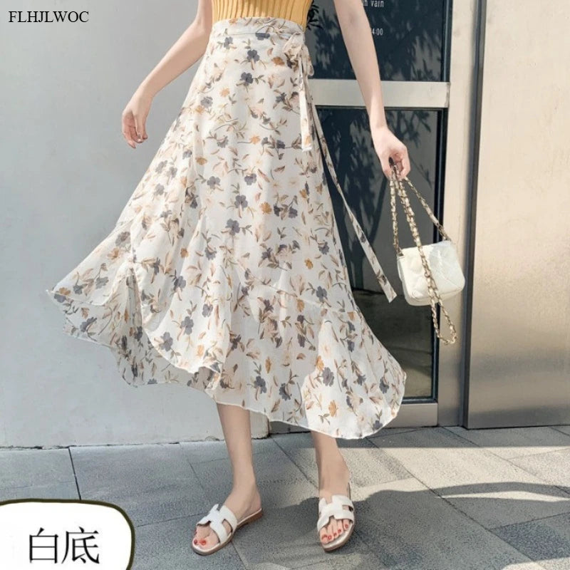 2025 Chic Korea Clothes Summer Women Cute Sweet GIrl Floral Robe Holiday Date High Waist Retro Vintage One-Piece Lace-Up Skirts