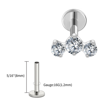 Right Grand ASTM F136 Titanium Triple CZ Cluster Cartilage Earring 16G Mini CZ Labret Tragus Helix Medusa Flat Back Piercing